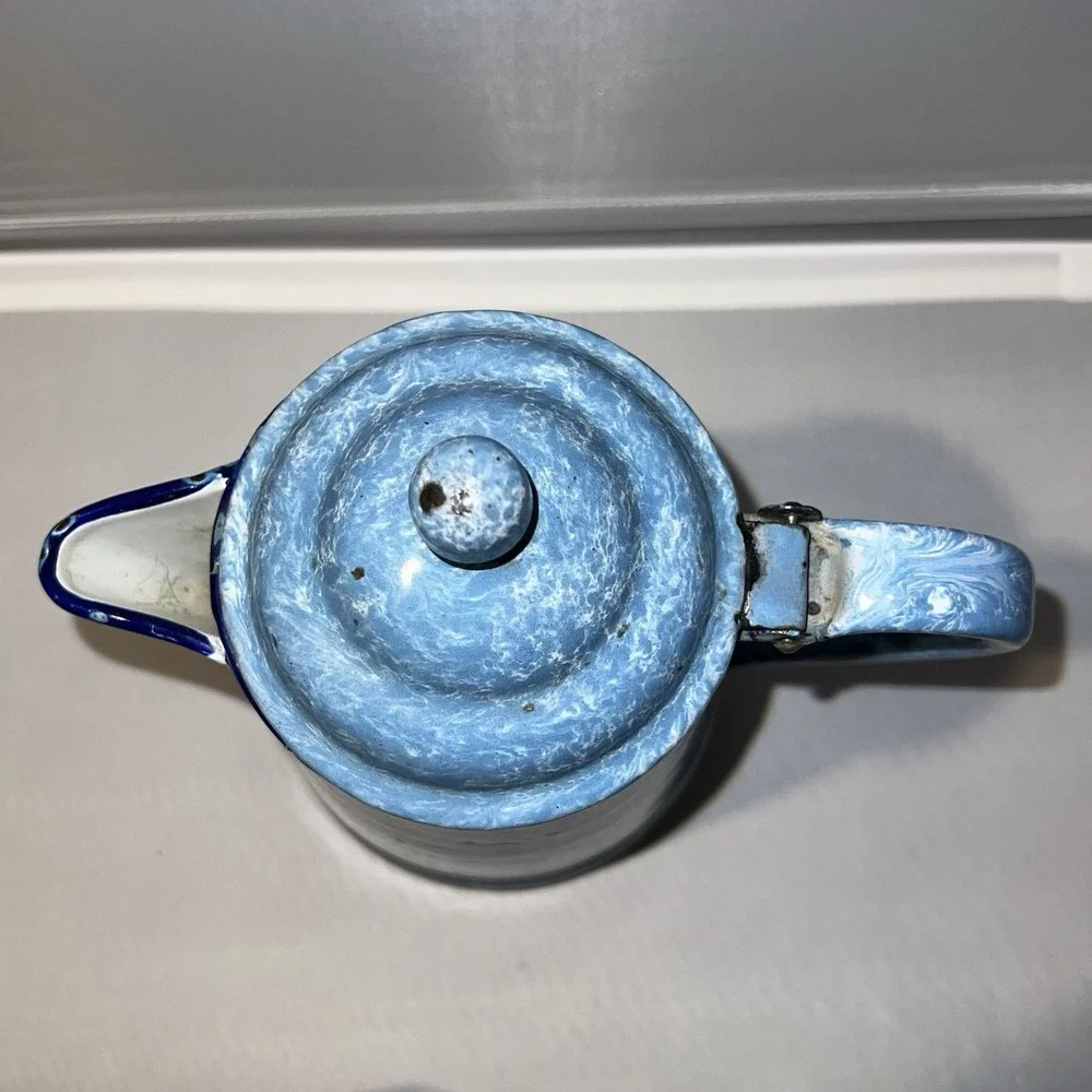 Vintage Blue White Splatter Enamelware Coffee Pot Graniteware Style Farmhouse